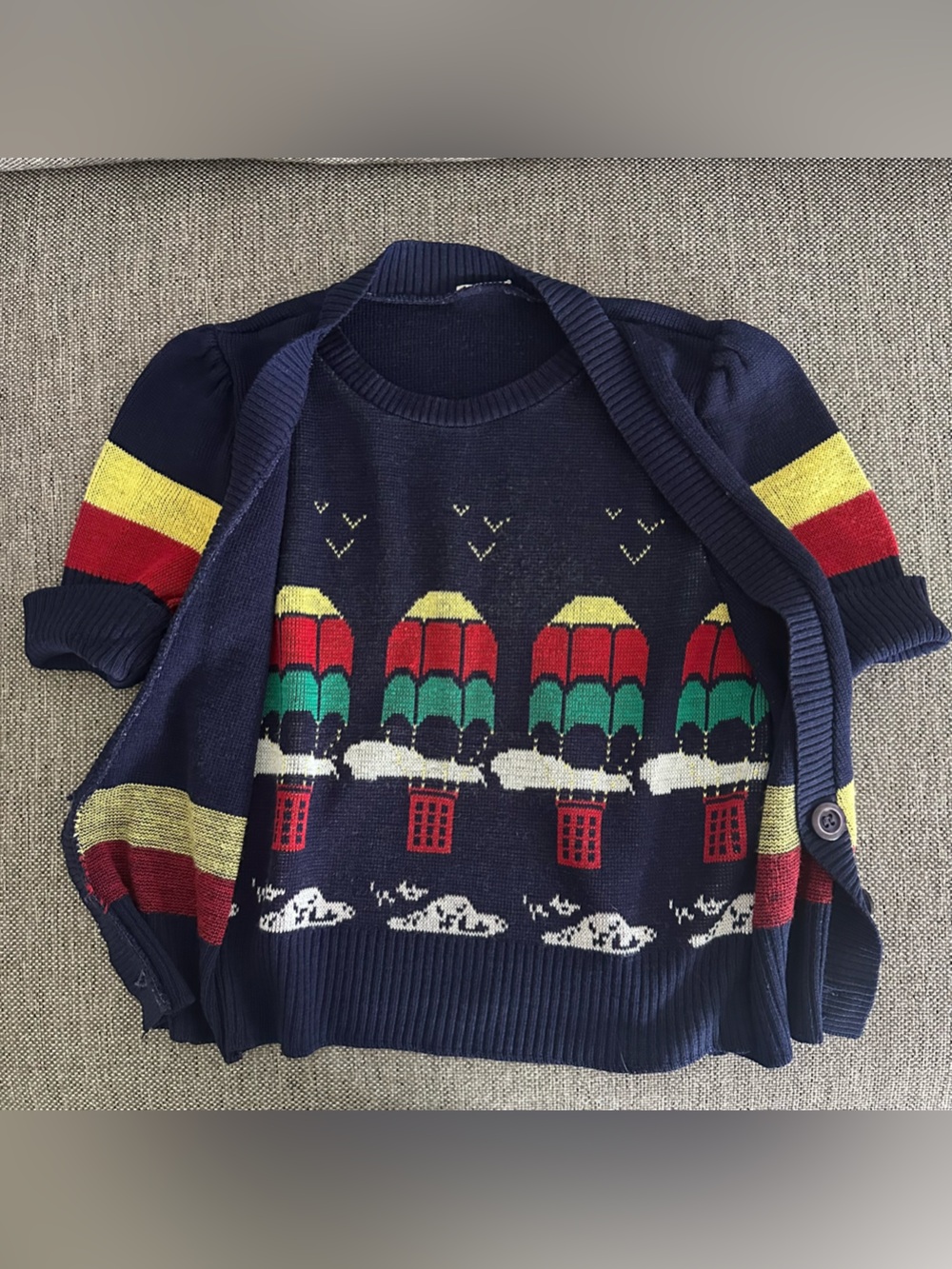 Girls Vintage hot air balloon faux cardigan sweater
